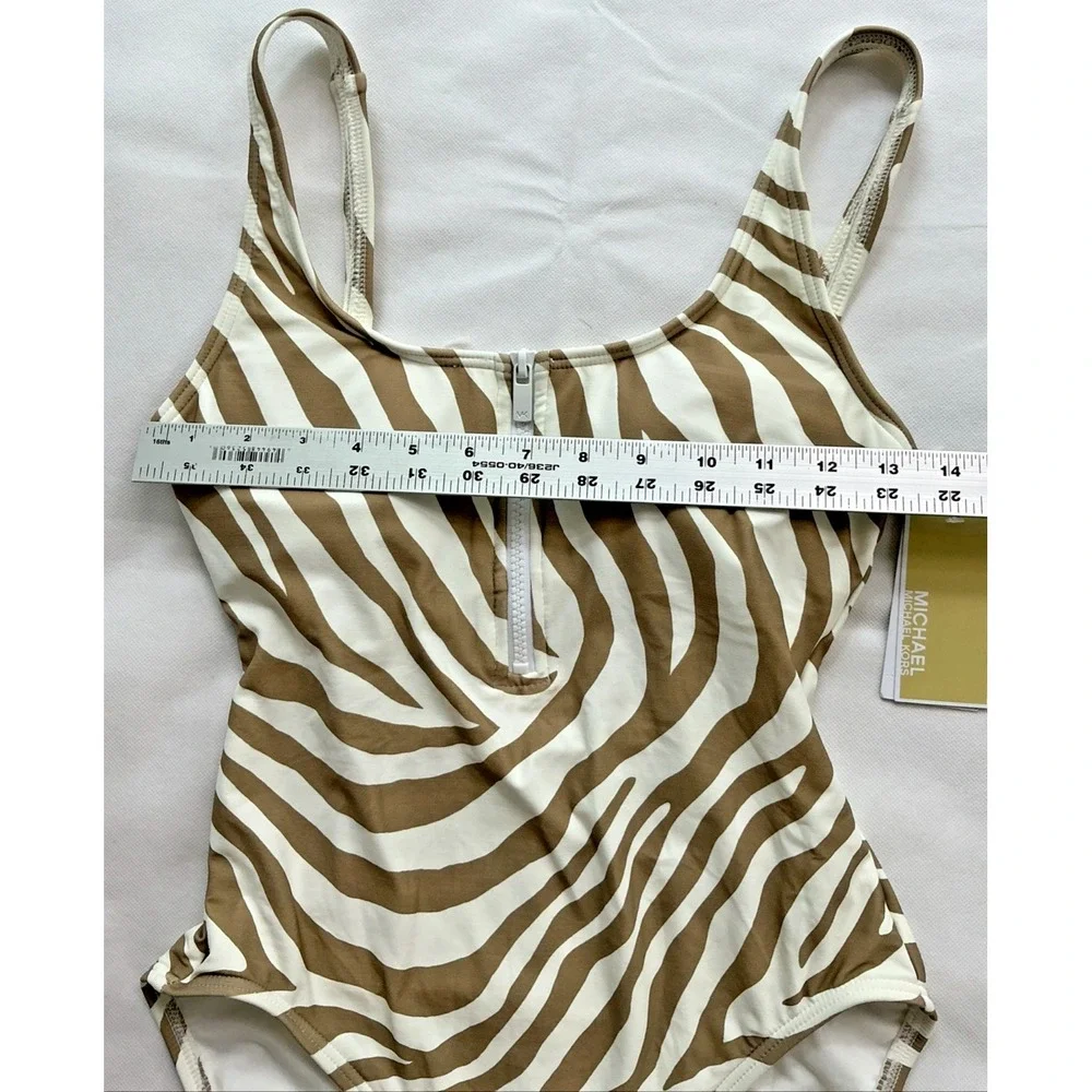 NEW Michael Kors Women's One Piece Swimsuit Size 10 Tan White Zebra Print Zipper